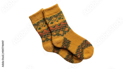 Bild auf Leinwand Pair of mustard yellow wool socks with fair isle pattern isolated PNG, warm wint