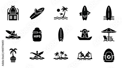 Collection of black and white icons representing surfing and beach activities and water sports