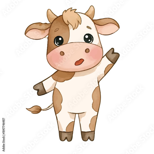Funny cartoon cow on farm with happy expression and cute style
