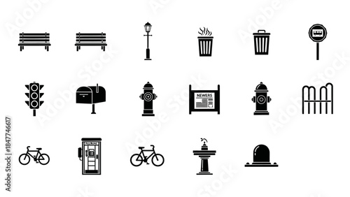 Collection of city street and public space icon illustrations on a white background