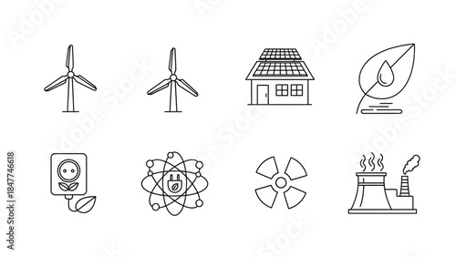 Collection of clean energy and renewable energy icons representing sustainable power generation