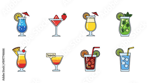 Collection of colorful vector illustrations of various refreshing cocktails and mixed drinks