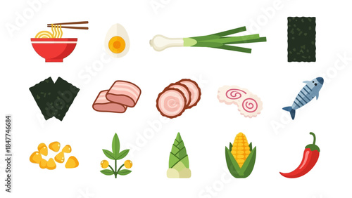 Collection Of Delicious Ramen Ingredients And Toppings For Culinary Creations