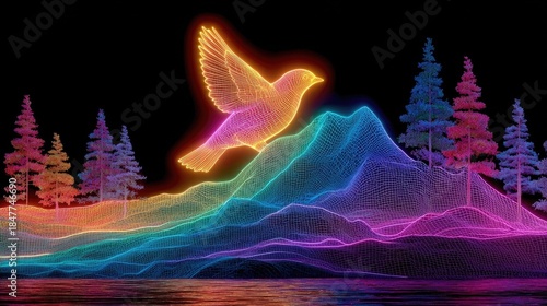 Neon bird on neon mountain silhouette glowing with bright electric outlines, digital wildlife and landscape art with glowing neon natural shapes