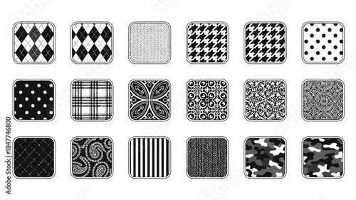 Collection of diverse monochromatic textile patterns arranged in a grid