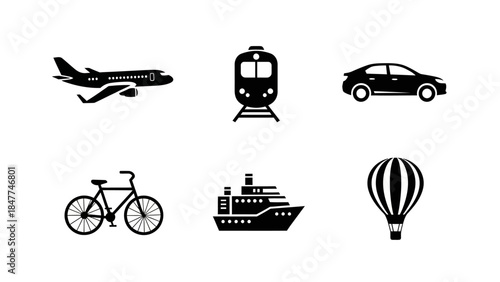 Collection of diverse transportation icons including airplane train car bicycle ship and hot air