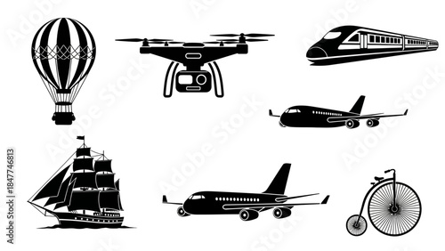 Collection of Diverse Transportation Icons Showing Historical and Modern Modes of Travel