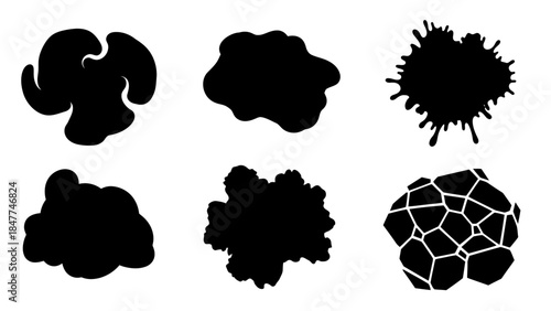 Collection of diverse black ink splatters and abstract organic shapes on a white background