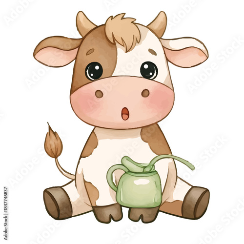 Funny cartoon cow with milk on the farm smiling and cute vector illustration