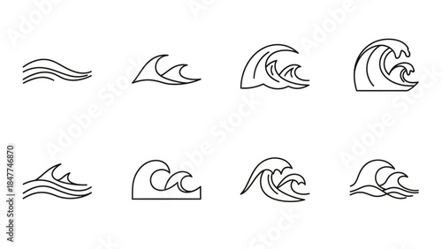 Collection of Eight Stylized Line Art Ocean Wave Icons With A Clean Minimalist Aesthetic