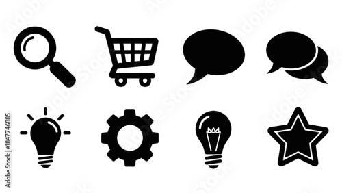 Collection of essential black vector icons representing search shopping communication innovation