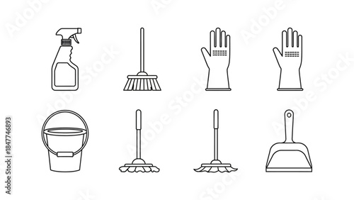 Collection of essential cleaning tools and supplies illustrated with simple line art icons