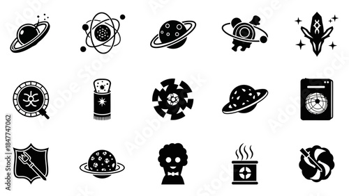 Collection of futuristic and sci-fi themed black and white vector icons representing space