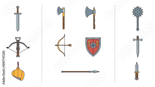 Collection of Medieval Weapons and Armory Icons for Game Design and Illustration