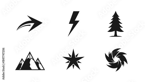 Collection of minimalist black icons representing nature, energy, and direction on white background