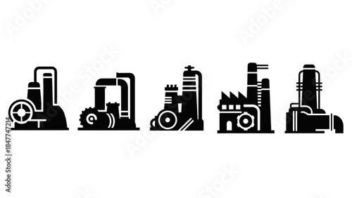 Collection of minimalist industrial factory icons in black and white perfect for design projects