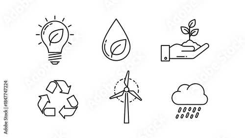 collection of modern and clean icons representing eco-friendly energy and environmental