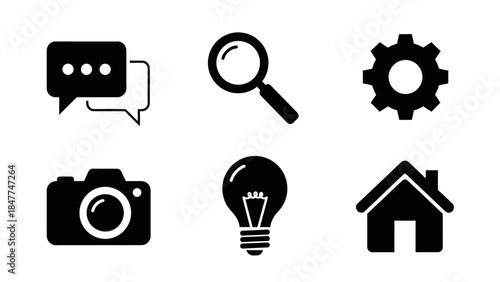 Collection of modern black icons representing communication search settings camera lightbulb and