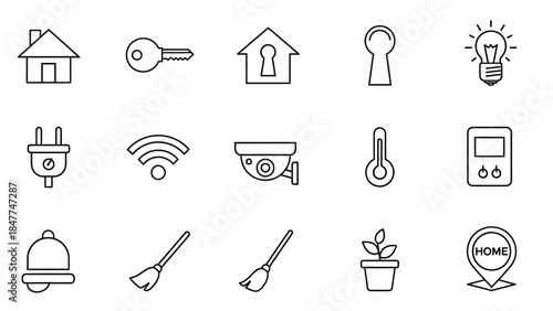Collection of modern line art icons representing smart home technology and features