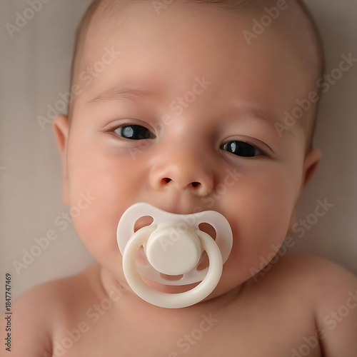 Baby with Pacifier. Infant Using Dummy. Calm Baby Portrait.