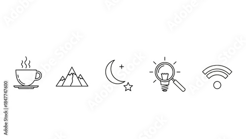 Collection of simple line icons representing coffee mountains moon light bulb and wifi