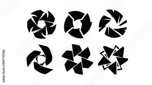 Collection of six abstract black aperture style graphics on a white background