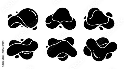 collection of six abstract black blob shapes with white outlines on a white background