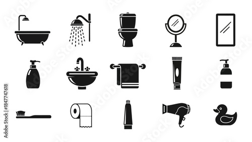 Collection of simple black and white icons representing common bathroom items and fixtures