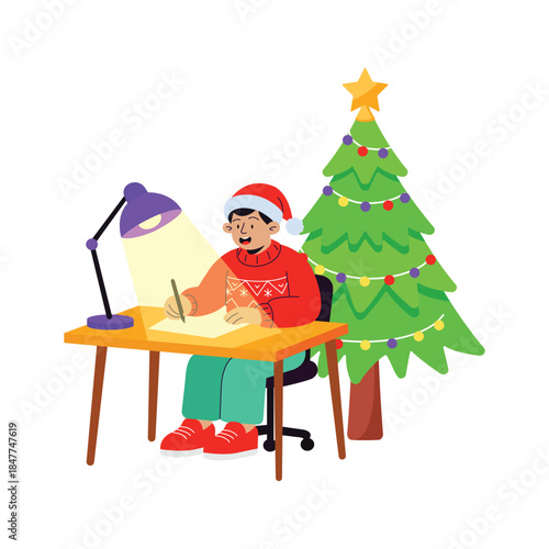 Man working creatively at a desk during Christmas and New Year season.