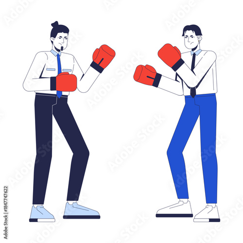 Office fight 2D illustration concept. Corporate rivalry. Toxic competition. Leadership conflict. Rivals colleagues in boxing gloves cartoon characters isolated on white. Flat abstract vector metaphor