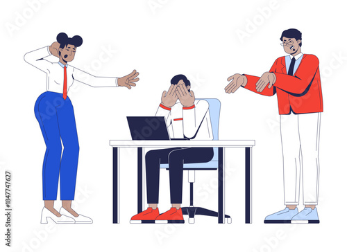 Coworker abuse 2D vector illustration. Colleague criticism. Verbal harassment. Toxic work environment. Employee intimidation flat characters isolated on white background. Colorful cartoon image