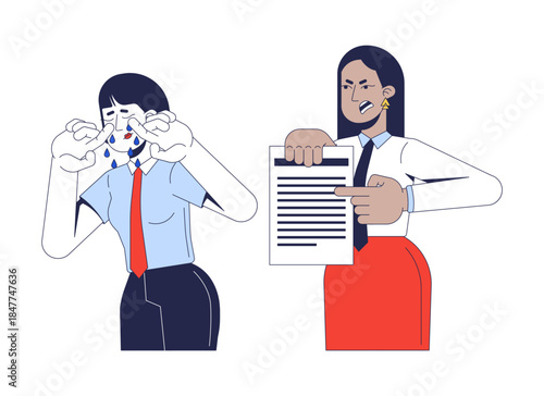 Emotional abuse at work 2D vector illustration. Workplace bullying. Harsh criticism. Blame culture. Female boss making coworker cry flat characters isolated on white background. Colorful cartoon image