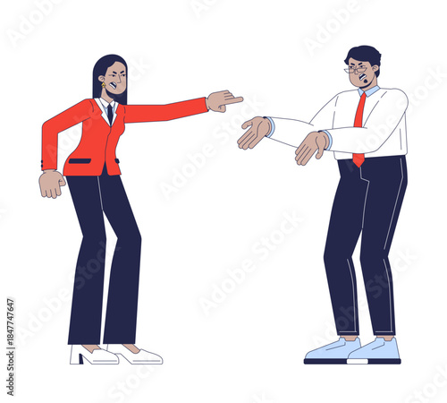Coworkers arguing 2D vector illustration. Workplace confrontation. Business woman accusing male colleague in heated discussion flat characters isolated on white background. Colorful cartoon image