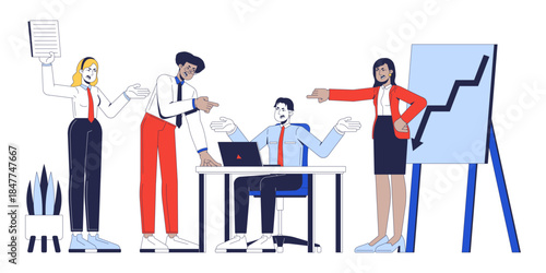 Toxic team dynamics 2D vector illustration. Heated office meeting. Workplace conflict. Diverse group blaming colleague over business failure flat characters isolated on white. Colorful cartoon image