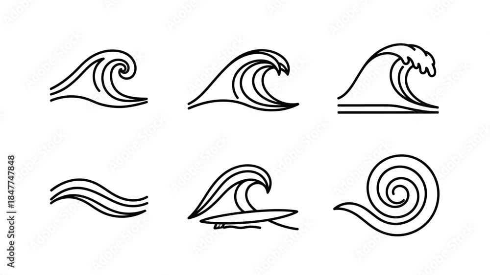 Fototapeta premium Collection of stylized wave icons in black and white for design and illustration