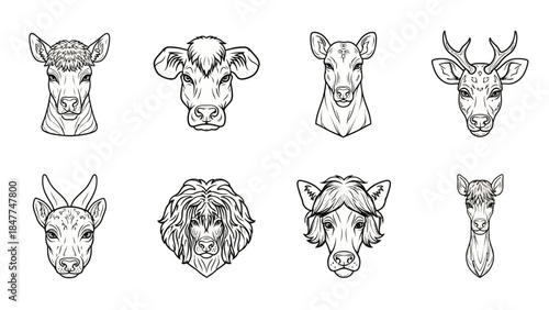 Collection of Stylized Black and White Animal Head Illustrations for Design Projects