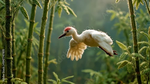 Graceful White Bird Soaring Through Lush Bamboo Forest with Sunlight Filtering Through Leaves.