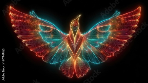 Neon bird wings spread wide glowing with electric lines, dynamic neon bird silhouette, futuristic wildlife art with bright vibrant colors on black background