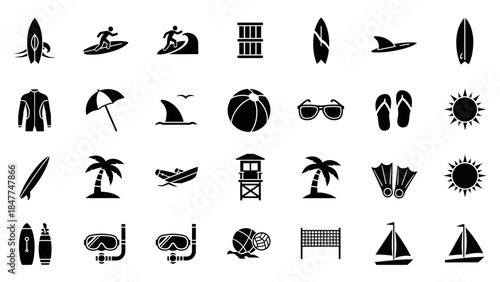 Collection of Summer Beach and Ocean Activity Icons for Design Projects
