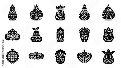 collection of tribal masks and decorative cultural motifs in black and white glyph style