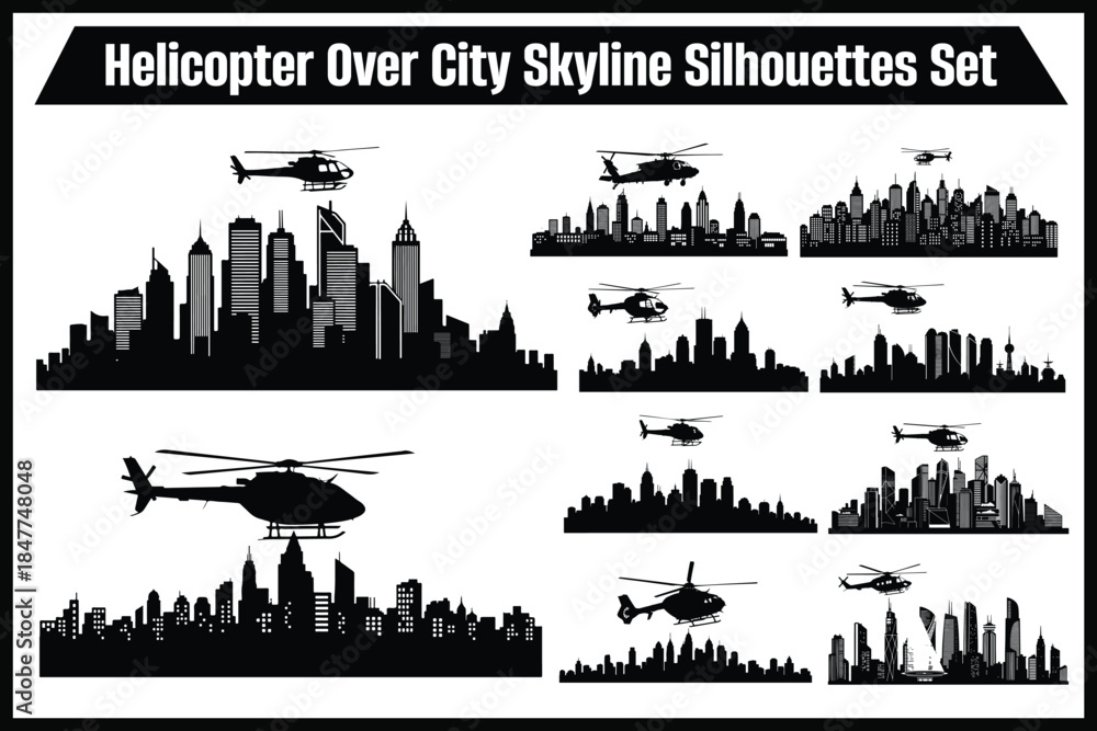 Obraz premium Helicopter Over City Skyline Silhouettes Set