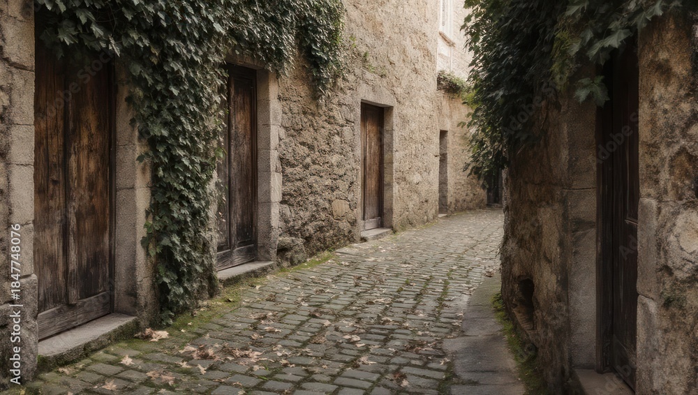 Fototapeta premium Ancient Cobblestone Alleyway Winding Through Historic Stone Buildings with Lush Ivy.
