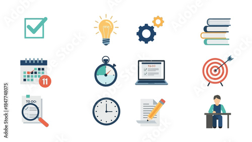 Collection of vector icons representing productivity, planning, and business concepts
