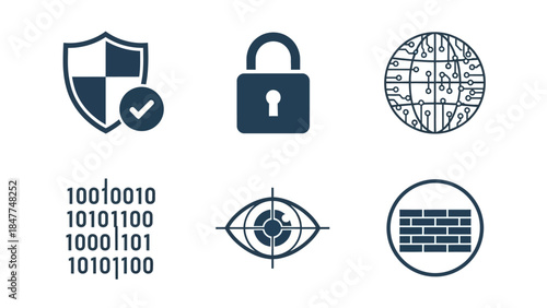 Cybersecurity and Network Protection Icons Representing Digital Safety and Data Security Concepts