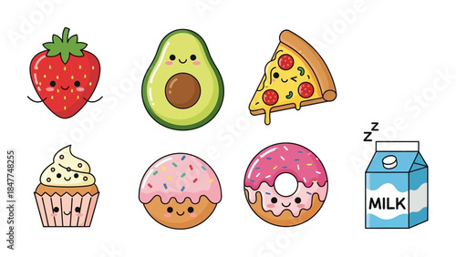 Cute Kawaii Food Collection with Strawberry Avocado Pizza Donuts and Milk Carton