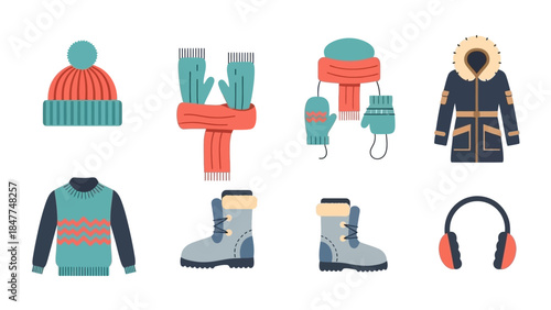 Cute flat design collection of winter clothing and accessories for cold weather