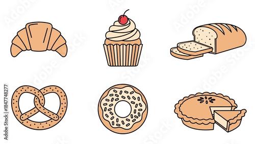 Delightful assortment of baked goods including croissants donuts bread pies and cupcakes