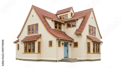 Fényképezés Charming beige house with red tile roof isolated PNG, traditional home architect