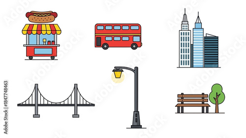 Flat vector icons representing city elements like a hot dog stand, bus, and buildings