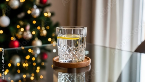 Refreshing Glass of Water with Lemon Slice on a Glass Table with Christmas Tree Background.